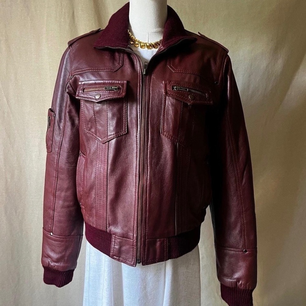 Vintage New York Burgundy Leather Bomber Jacket Quilted Lining M/L USA